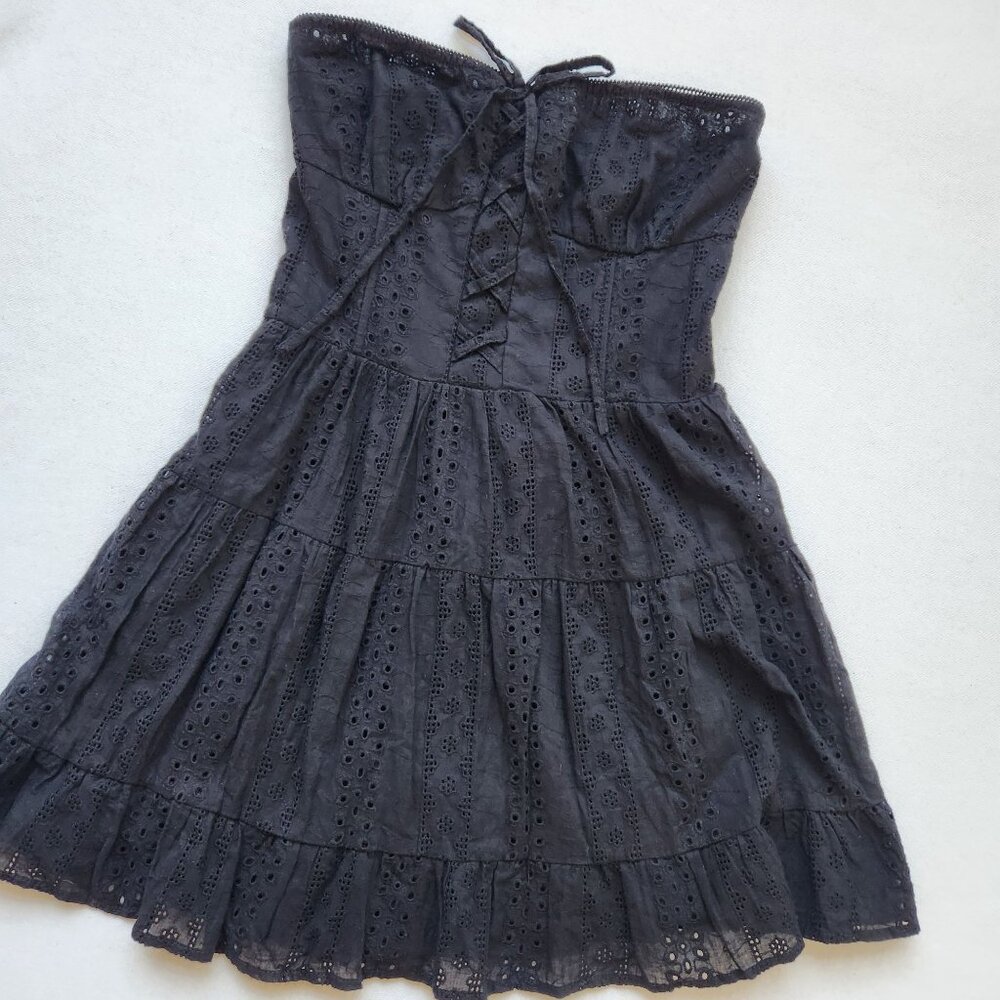 Edikted Liora Lacy Cotton Mini Dress Black Strapless Eyelet Ruffled Feminine